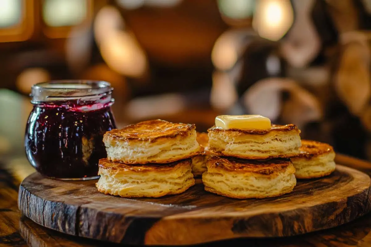 Golden-brown sourdough biscuits served with butter and jam.