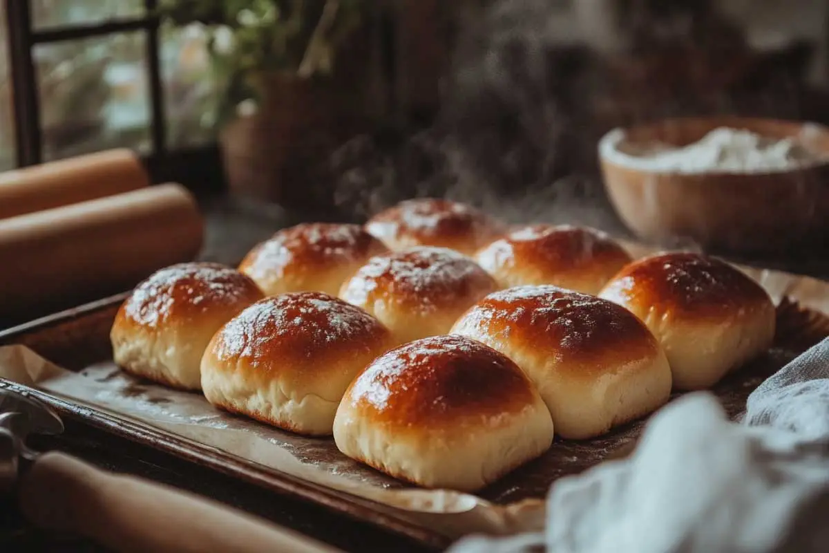 Freshly baked sourdough brioche buns on a parchment-lined baking sheet with a soft, glossy finish.