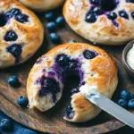 Freshly baked sourdough blueberry bagels with golden crust and cream cheese.