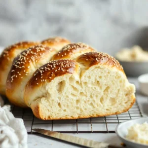Golden sourdough challah bread fresh out of the oven on a cooling rack with a sliced piece nearby.