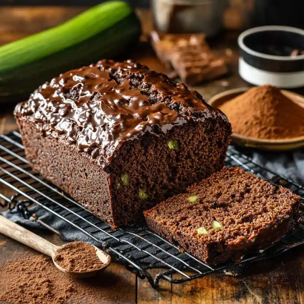 A freshly baked loaf of sourdough chocolate zucchini bread with a slice cut to reveal its rich interior.