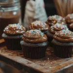 Freshly baked sourdough discard chocolate cupcakes with ganache frosting and sprinkles on a rustic tray.