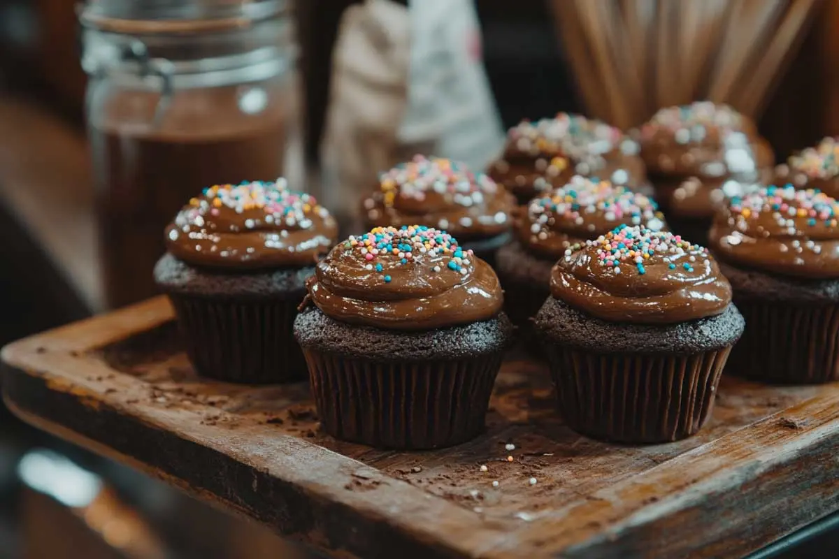 Freshly baked sourdough discard chocolate cupcakes with ganache frosting and sprinkles on a rustic tray.