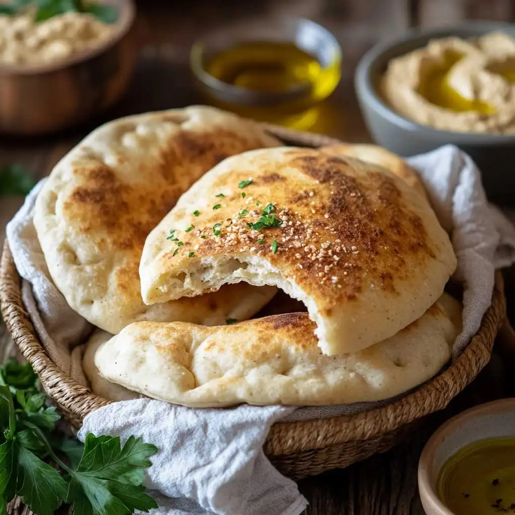A basket filled with golden-brown sourdough discard pita bread, with dips and garnishes on a rustic table.