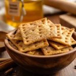 Freshly baked sourdough discard graham crackers in a wooden bowl, with honey, cinnamon, and sourdough discard in the background.