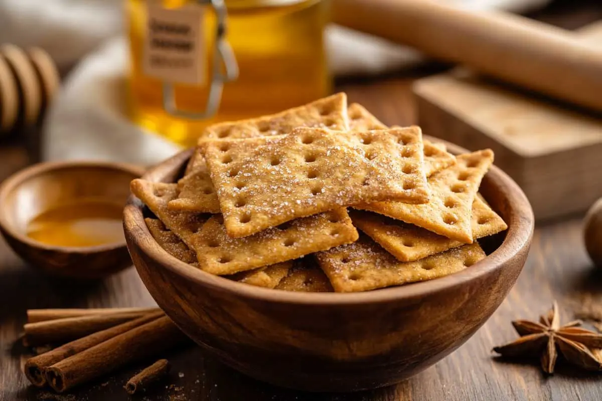 Freshly baked sourdough discard graham crackers in a wooden bowl, with honey, cinnamon, and sourdough discard in the background.