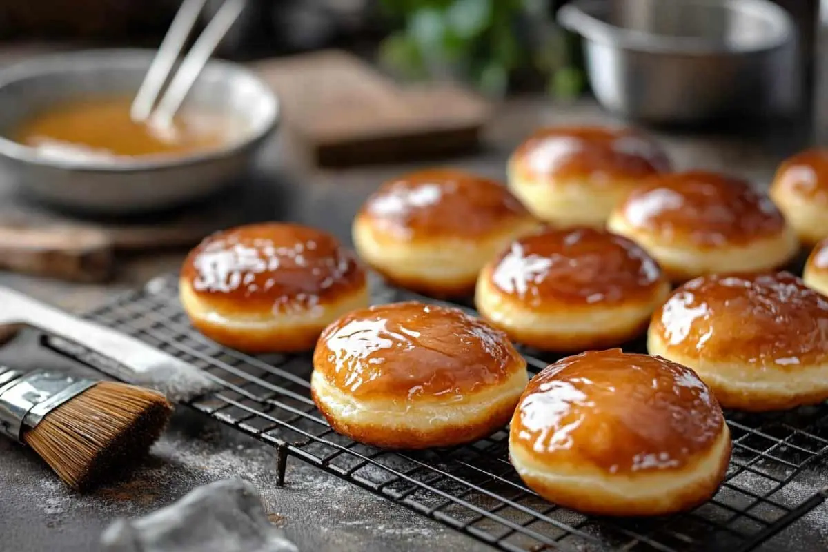 Freshly-Fried-Sourdough-Donuts Freshly fried sourdough donuts cooling on a wire rack with glaze.
