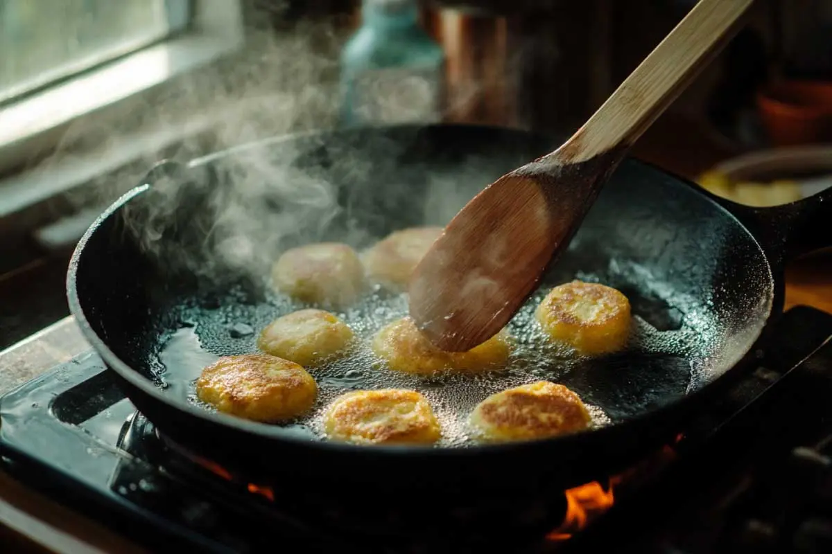 Fritter-Cooking-Step Sourdough fritters frying in a skillet with golden edges.