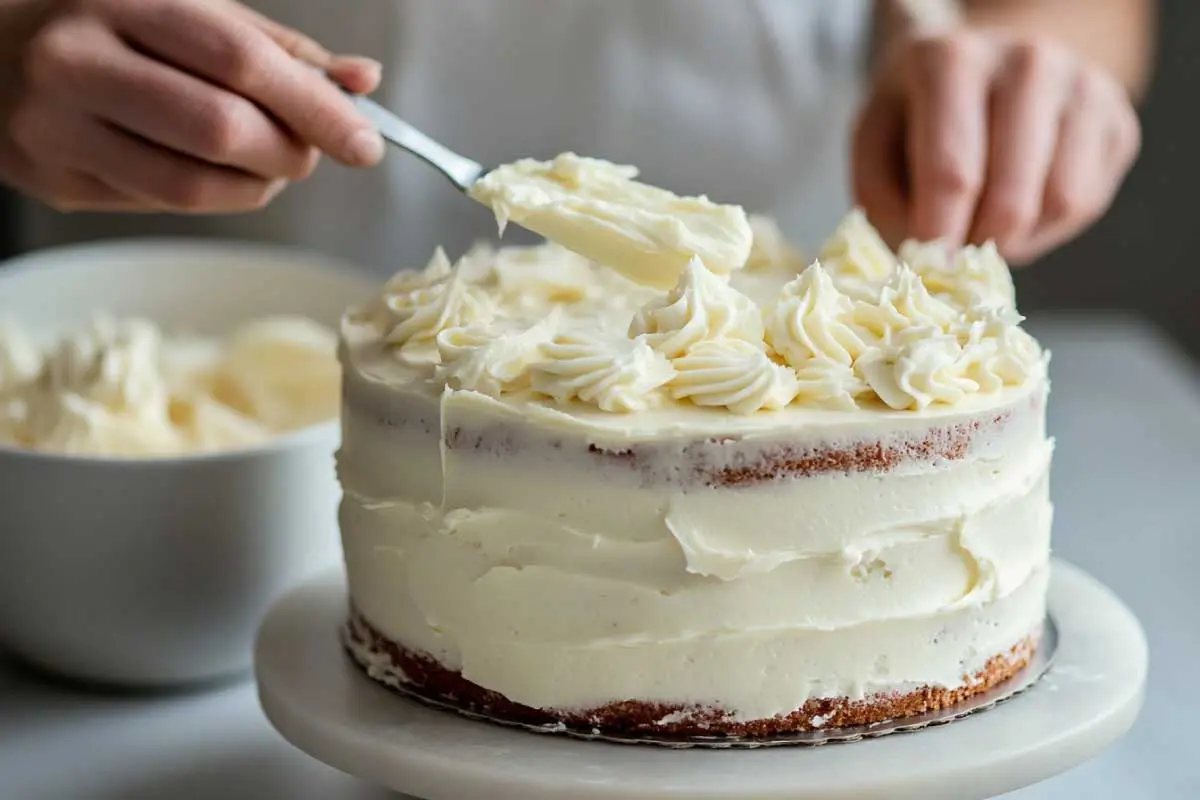 Frosting-Sourdough-Carrot-Cake A baker spreading cream cheese frosting over one layer of sourdough carrot cake with a spatula.