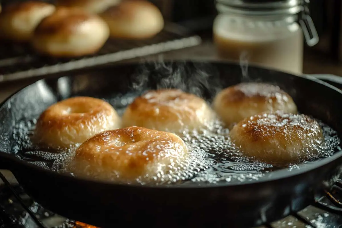 Frying-Sourdough-Donuts-Step Sourdough donuts frying in hot oil, turning golden and puffed.