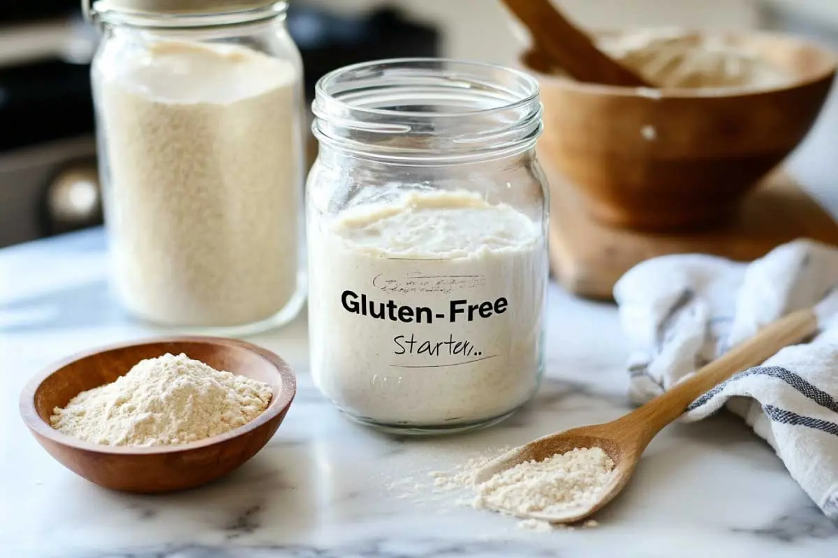 Gluten-Free-Starter-Discard A labeled jar of gluten-free sourdough starter with a bowl of discard beside it.