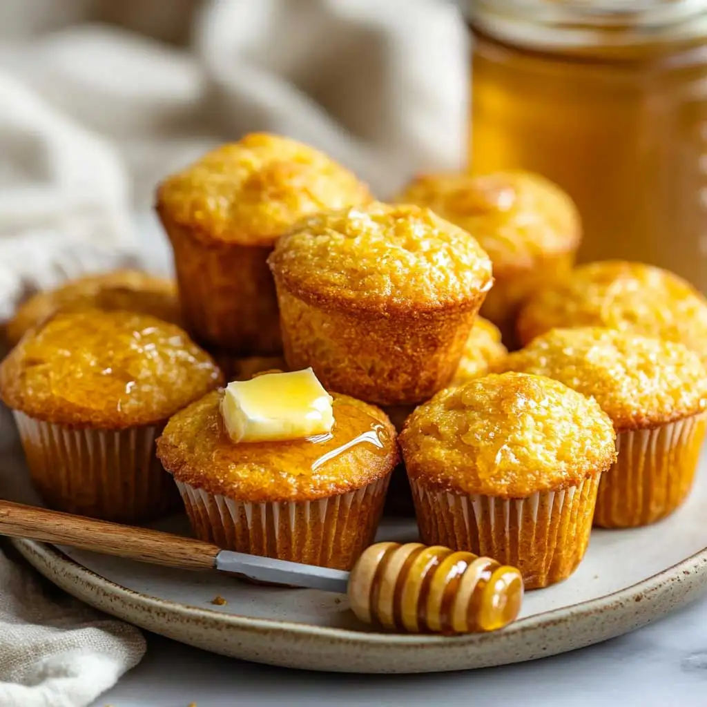 A plate of golden sourdough corn muffins with a smear of butter on one and a drizzle of honey catching the light.