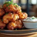 Golden sourdough discard fritters stacked on a plate with dipping sauce.