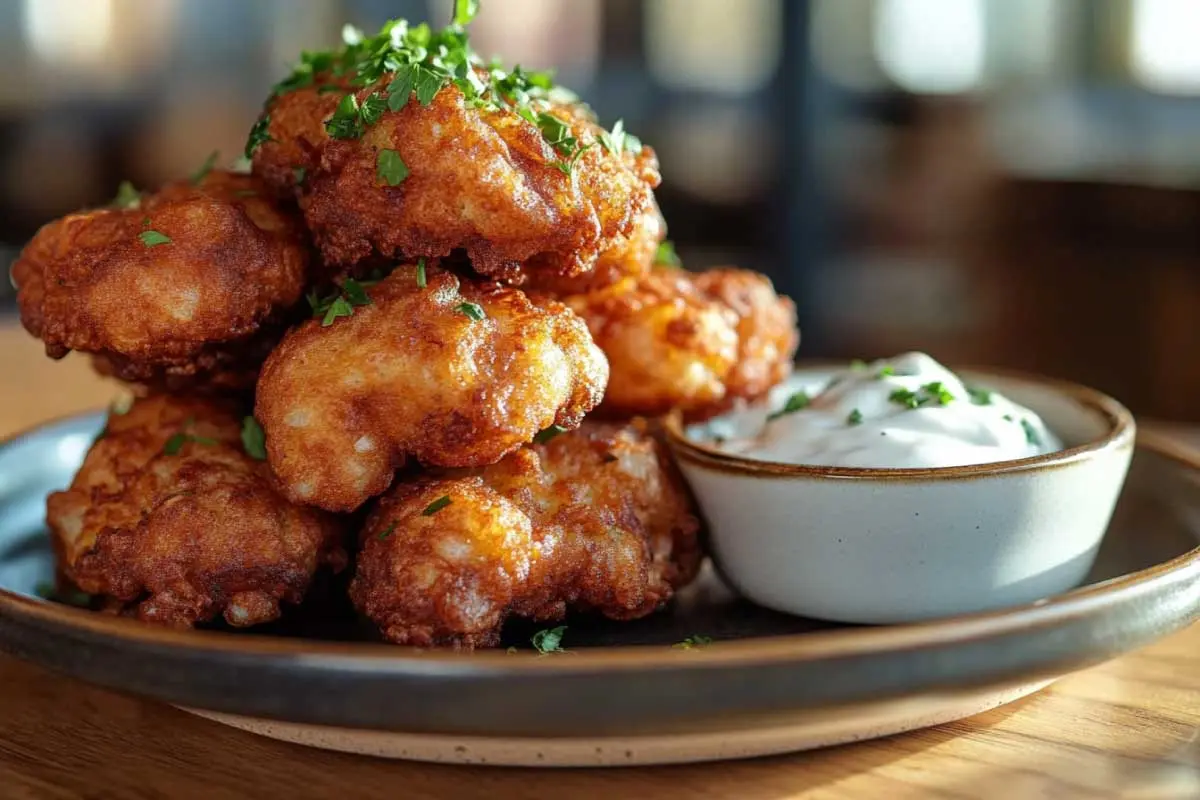 Golden-Fried-Sourdough-Fritters Golden sourdough discard fritters stacked on a plate with dipping sauce.