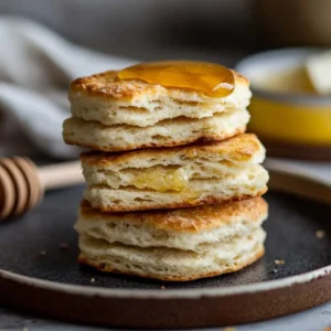 Stack of sourdough biscuits with one split open, drizzled with honey.