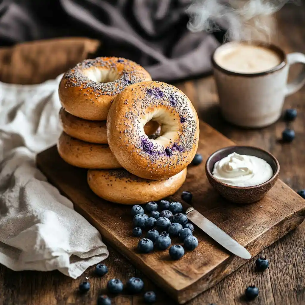 Golden sourdough blueberry bagels with cream cheese and fresh blueberries, served alongside a steaming coffee.