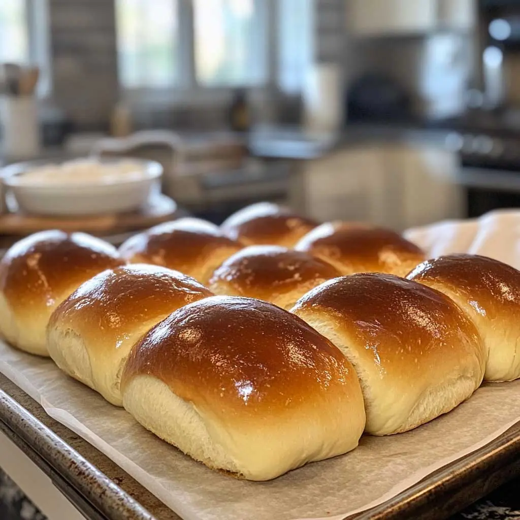 Golden sourdough brioche buns on a plate with a bowl of butter and rustic kitchen details.