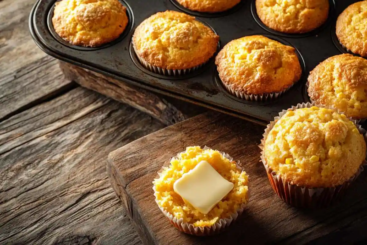 Golden sourdough corn muffins fresh out of the oven, with one sliced open to show its fluffy interior and a pat of melting butter on top.