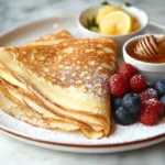 A stack of golden sourdough discard crepes topped with berries, honey, and powdered sugar.