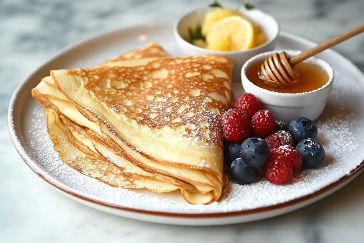 A stack of golden sourdough discard crepes topped with berries, honey, and powdered sugar.