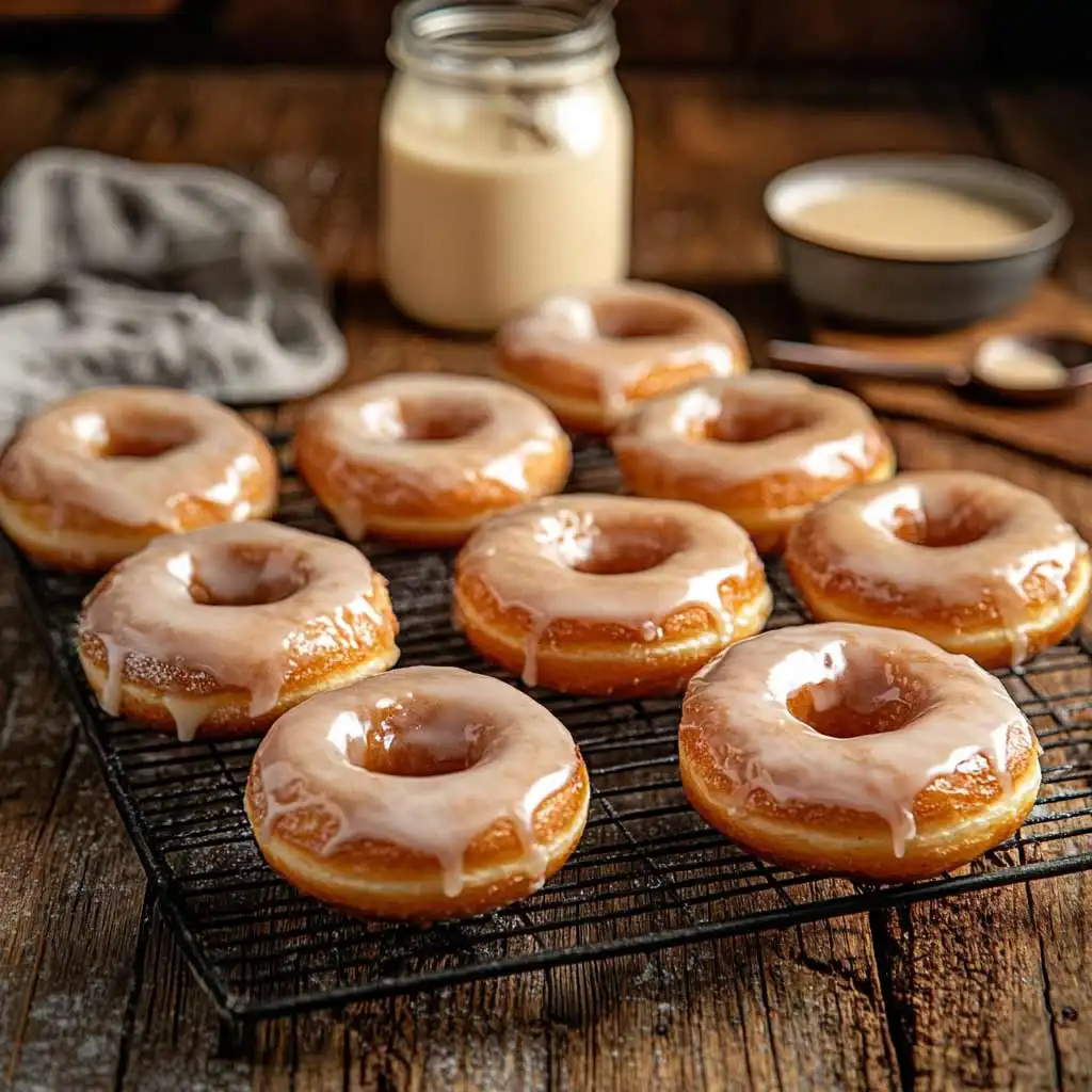 Golden sourdough donuts glazed and dusted to perfection.