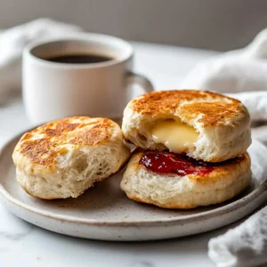 Golden sourdough English muffins split open with butter and jam on a plate, served on a white marble counter.