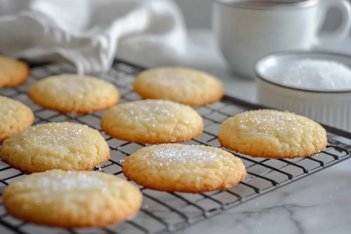 Golden sourdough discard sugar cookies cooling on a rack with sugar and a cup of coffee.