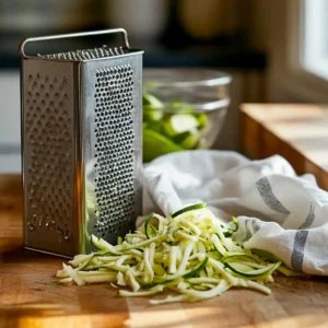 Freshly grated zucchini on a wooden counter with a box grater, towel, and glass bowl nearby.