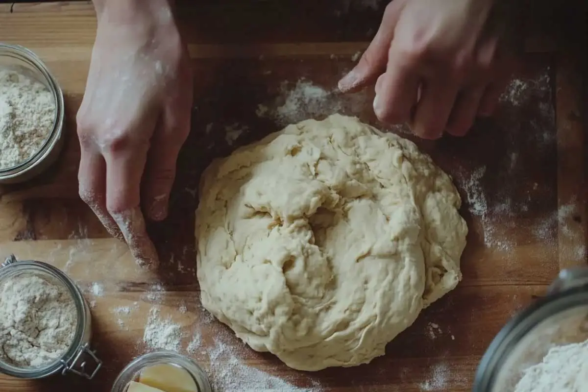 Kneading-Potato-Flake-Sourdough-Dough Hands kneading sourdough discard and potato flake dough on a floured wooden surface, with baking ingredients nearby.