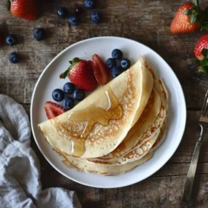 A plate of sourdough discard crepes topped with maple syrup, fresh strawberries, and blueberries.