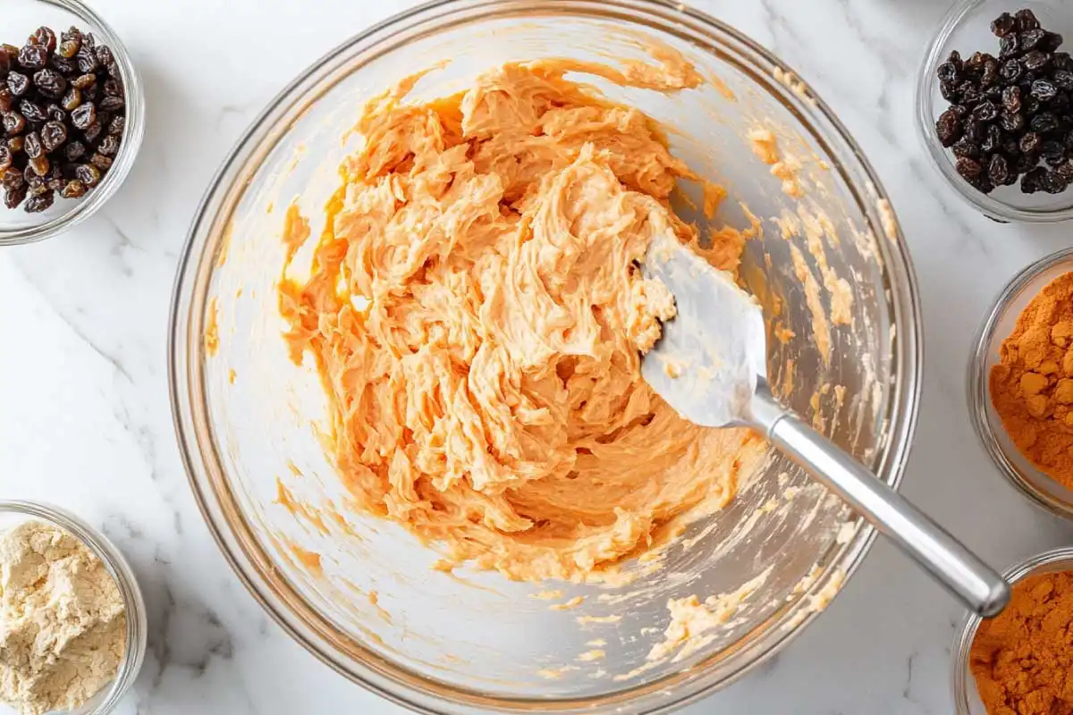 Mixing-Batter-Sourdough-Carrot-Cake A bowl of sourdough carrot cake batter being folded with a spatula, surrounded by spices and other ingredients.