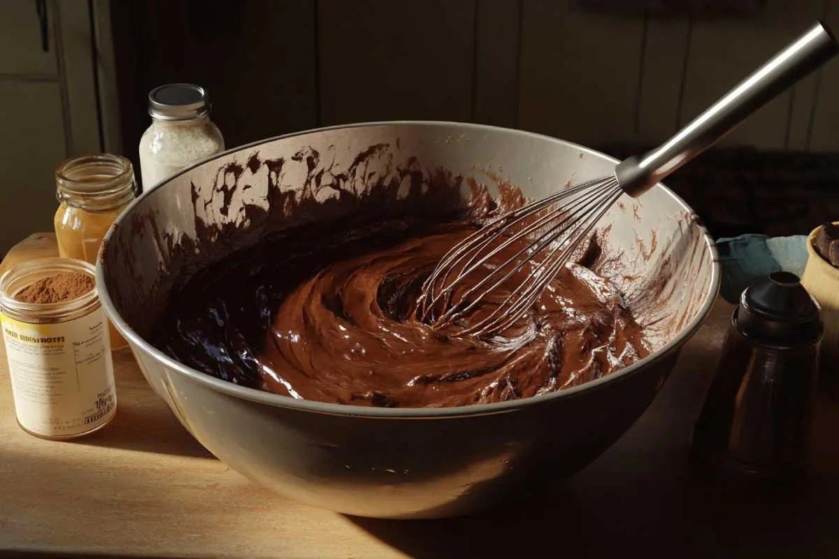 Mixing-Wet-Ingredients-for-Cupcakes Mixing bowl with glossy chocolate batter, sourdough discard, cocoa powder, and vanilla extract nearby.