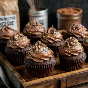 Sourdough discard chocolate cupcakes with ganache frosting and sprinkles on a marble countertop, with one cupcake cut open.
