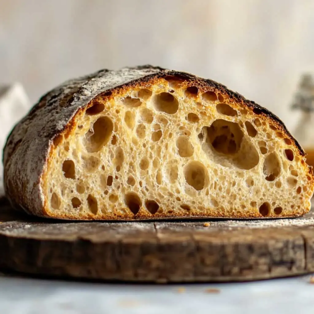 A round sourdough loaf with a golden crust and an open crumb on a wooden board.
