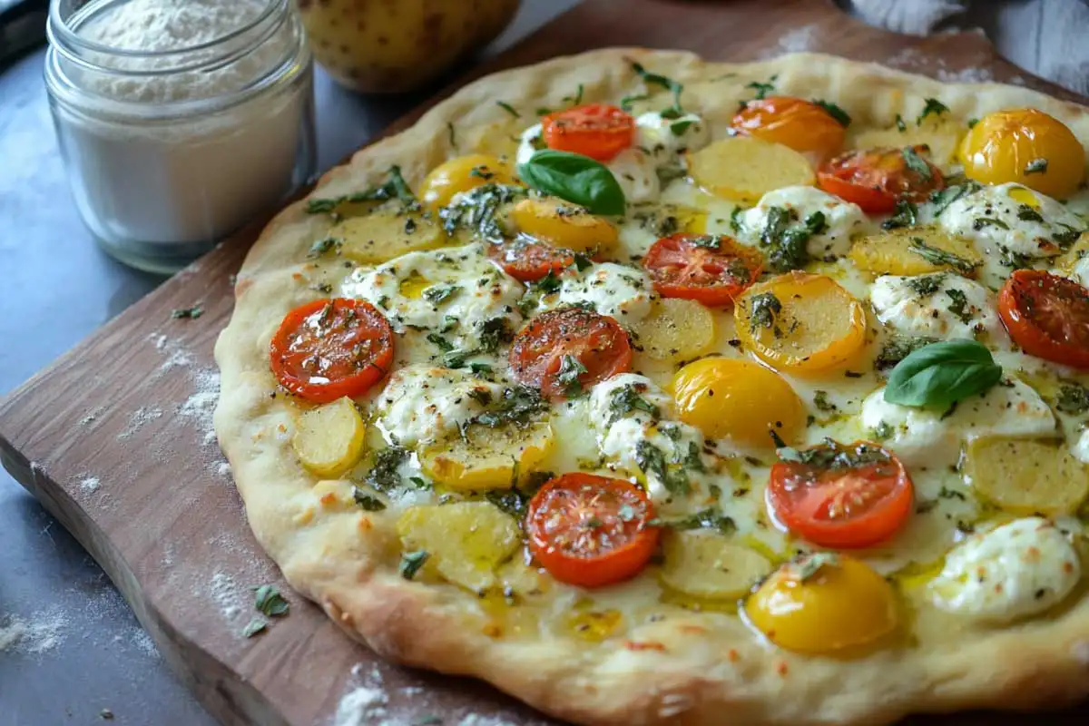 Potato-Flake-Sourdough-Flatbread-Pizza Potato flake sourdough discard recipes: A Golden potato flake sourdough flatbread pizza topped with mozzarella, tomatoes, and basil on a wooden pizza peel.