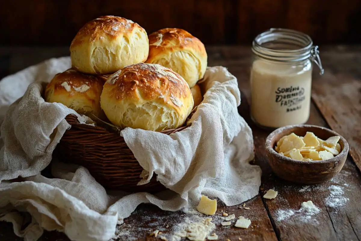 Golden potato flake sourdough rolls in a basket with sourdough discard and potato flakes on a rustic wooden table.