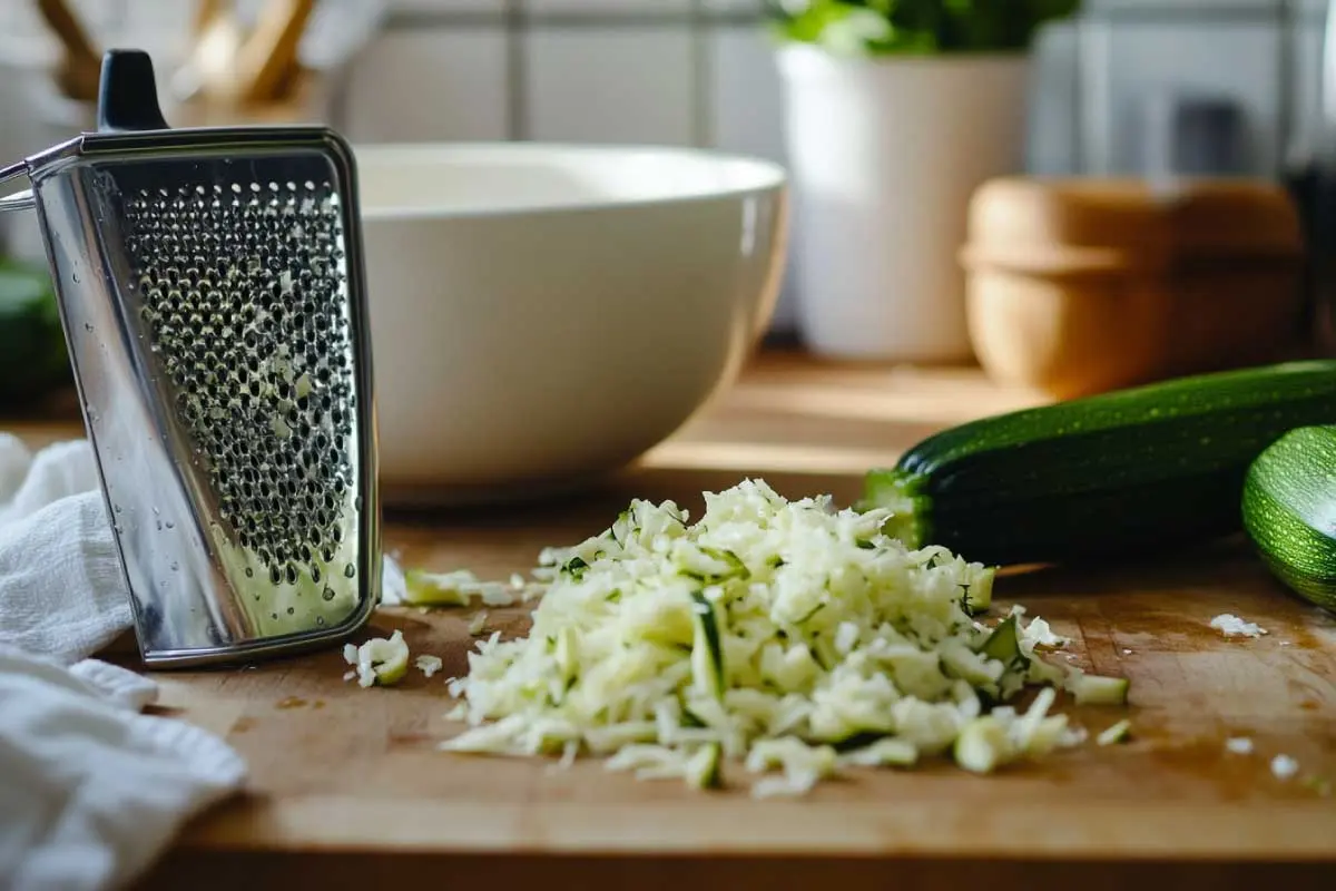 Preparing zucchini for bread: a grated zucchini, clean kitchen towel, and mixing bowl on a wooden kitchen counter.