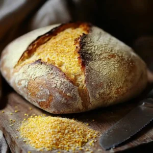 A freshly baked sourdough boule with a cornmeal-dusted crust, sliced to reveal a soft crumb, surrounded by baking essentials.