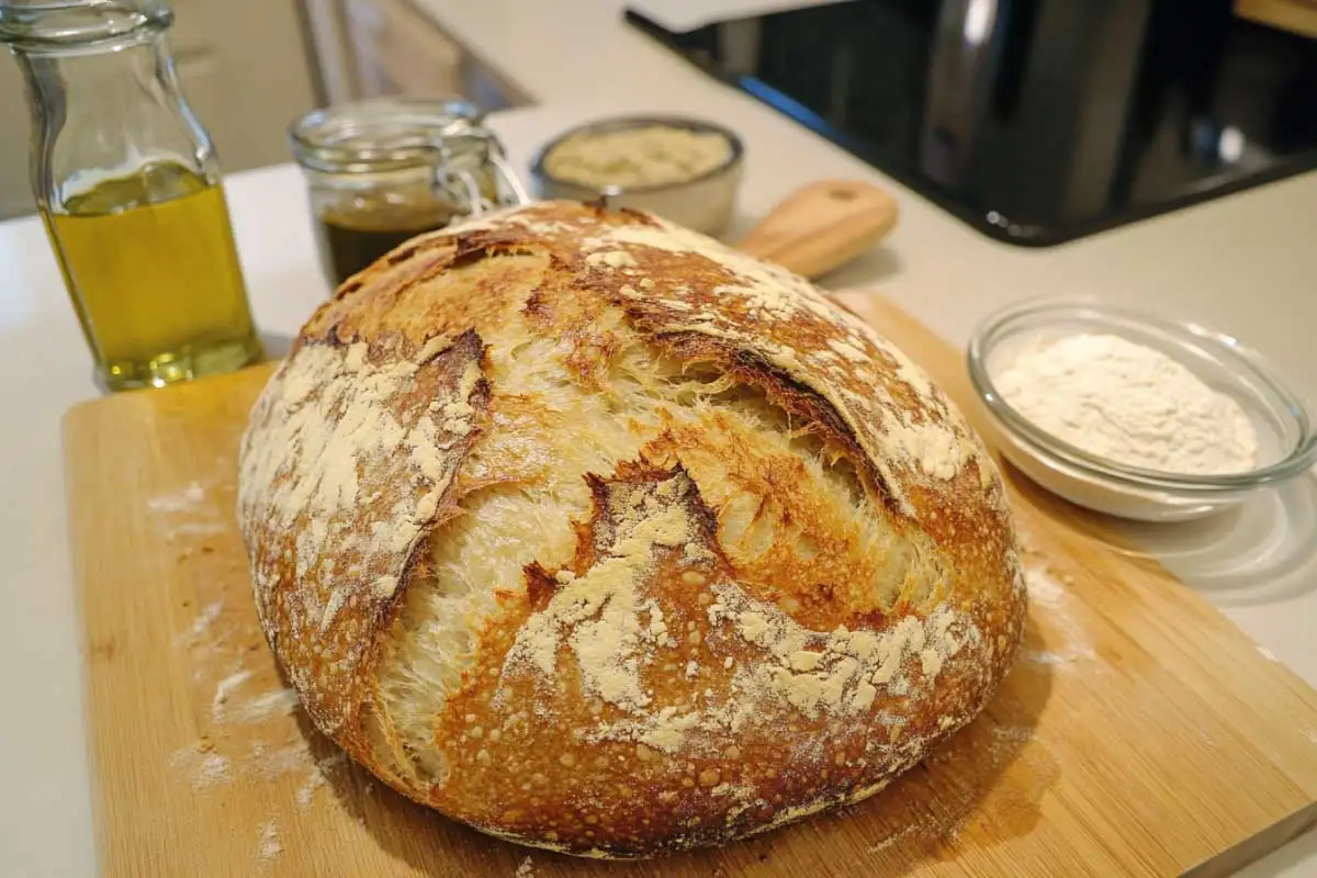 Rustic sourdough discard bread without yeast with a golden crust, displayed on a cutting board alongside fresh ingredient.