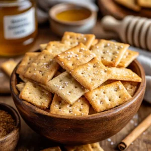 Overhead view of sourdough discard graham crackers on a wooden board with honey and cinnamon.