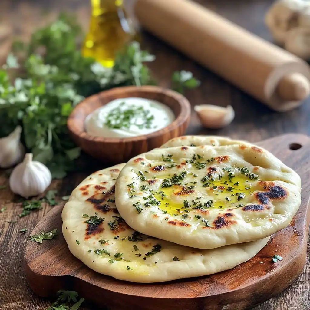 A stack of sourdough naan garnished with herbs, served with yogurt and olive oil on a rustic table.