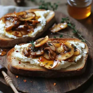 Golden sourdough toast with ricotta, sautéed mushrooms, honey drizzle, and thyme on a rustic plate.