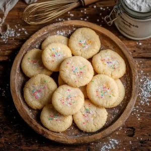 Rustic plate of golden sourdough discard sugar cookies with sprinkles and baking tools nearby.