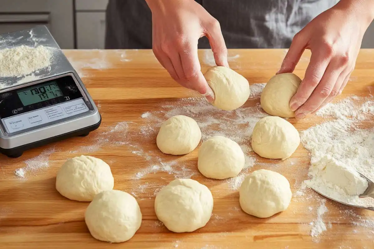 Shaping-Brioche-Dough-Balls Baker shaping smooth brioche dough balls on a floured surface with baking tools nearby.