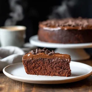 A slice of sourdough chocolate cake with ganache and chocolate shavings, set on a white dessert plate with the full cake blurred in the background.