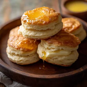 Golden-brown sourdough biscuits stacked on a wooden plate, with one biscuit broken open to show a flaky interior.