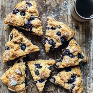 Freshly baked sourdough blueberry scones on a plate with blueberries visible inside and a warm cup of tea beside it.