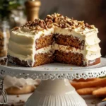 A sliced sourdough carrot cake with cream cheese frosting, showcasing its moist, spiced interior.