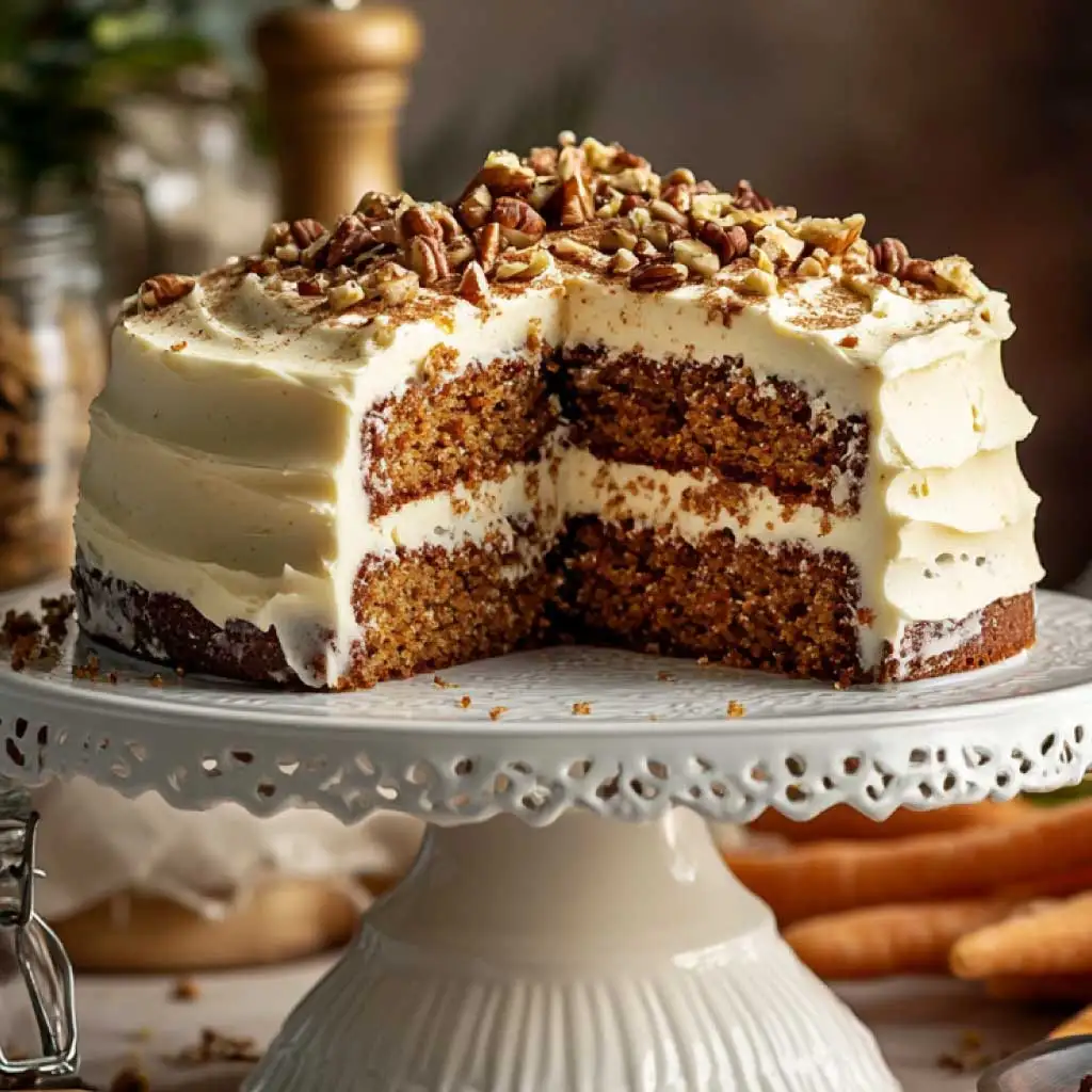 A sliced sourdough carrot cake with cream cheese frosting, showcasing its moist, spiced interior.