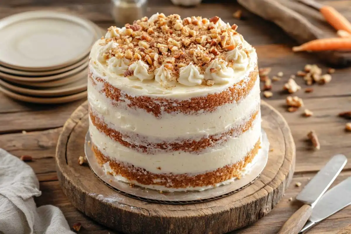 A fully assembled sourdough carrot cake topped with cream cheese frosting, chopped nuts, and a sprinkle of cinnamon.